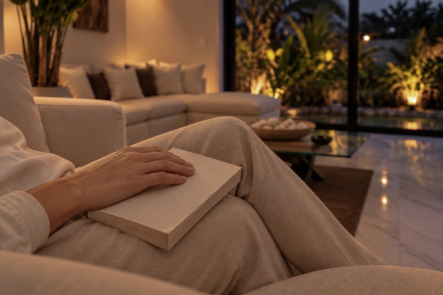A quiet evening wind-down: warm light, a book, the phone out of sight